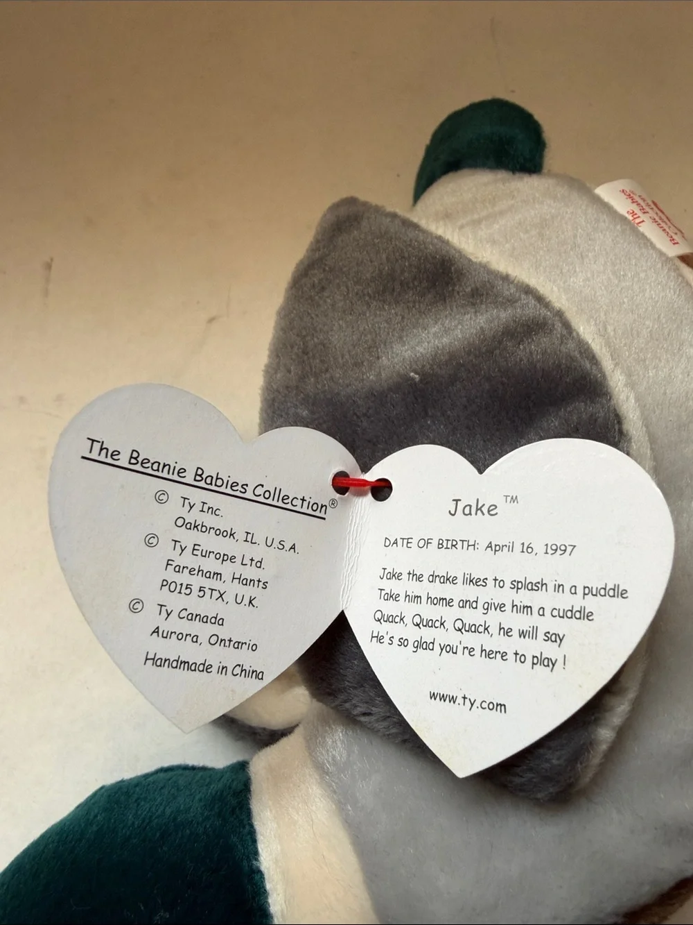 NWT Beanie Baby Mallard Jake the Duck Toy in Teal, Brown & Gray